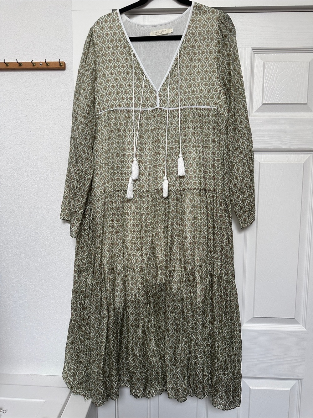 Christy Dawn Olive Green Patterned V-Neck Tassel Midi Dress